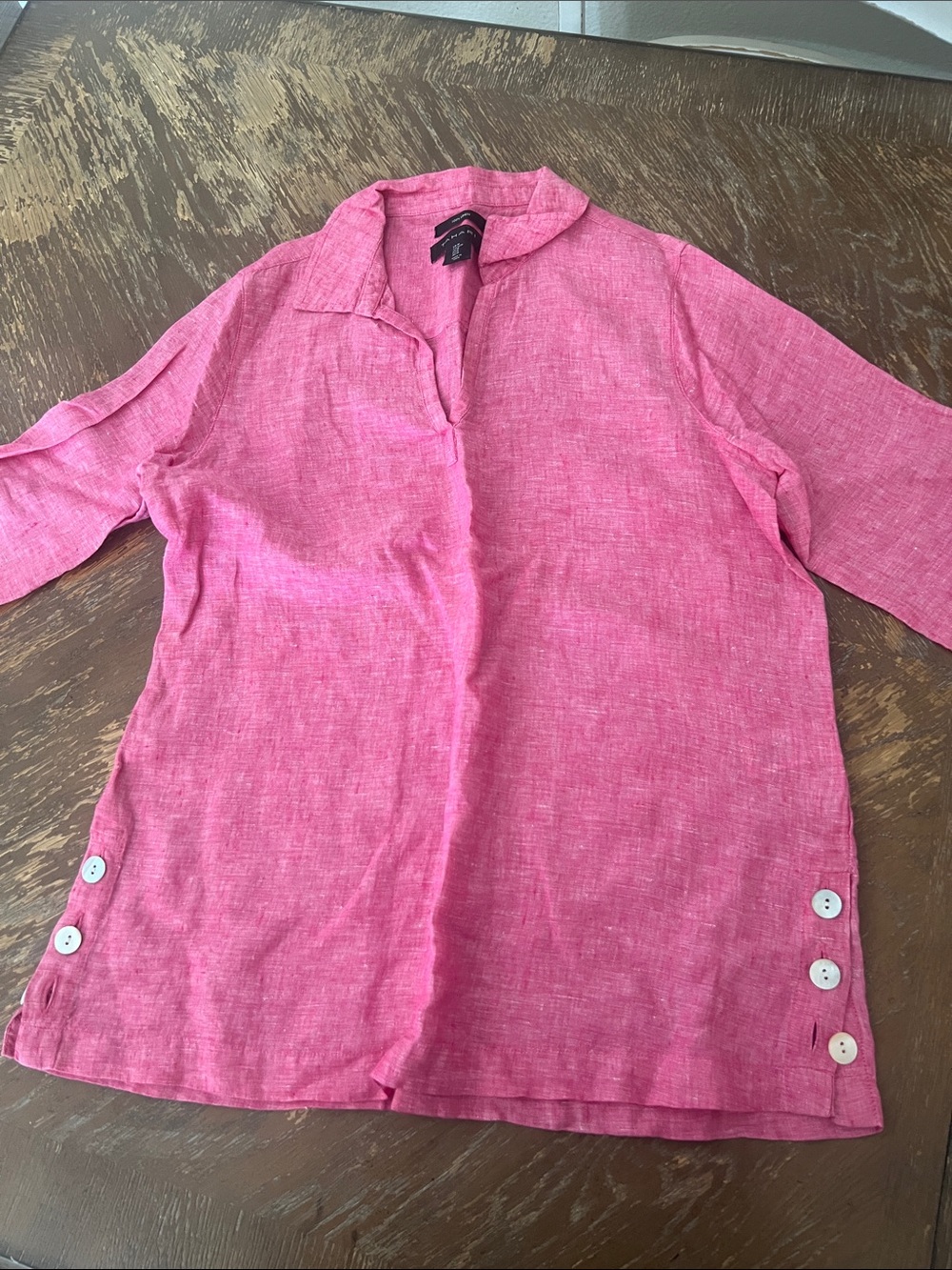 Tahari Pink Linen Open Collar Tunic